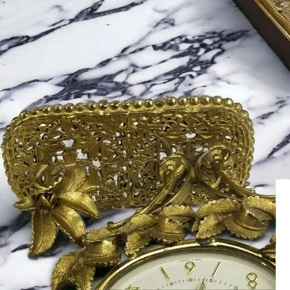 German Ormolu Table Alarm Clock Rare "Florn" Wind Up 24k Gold Gilt Ornate Crest - Picture 4 of 11